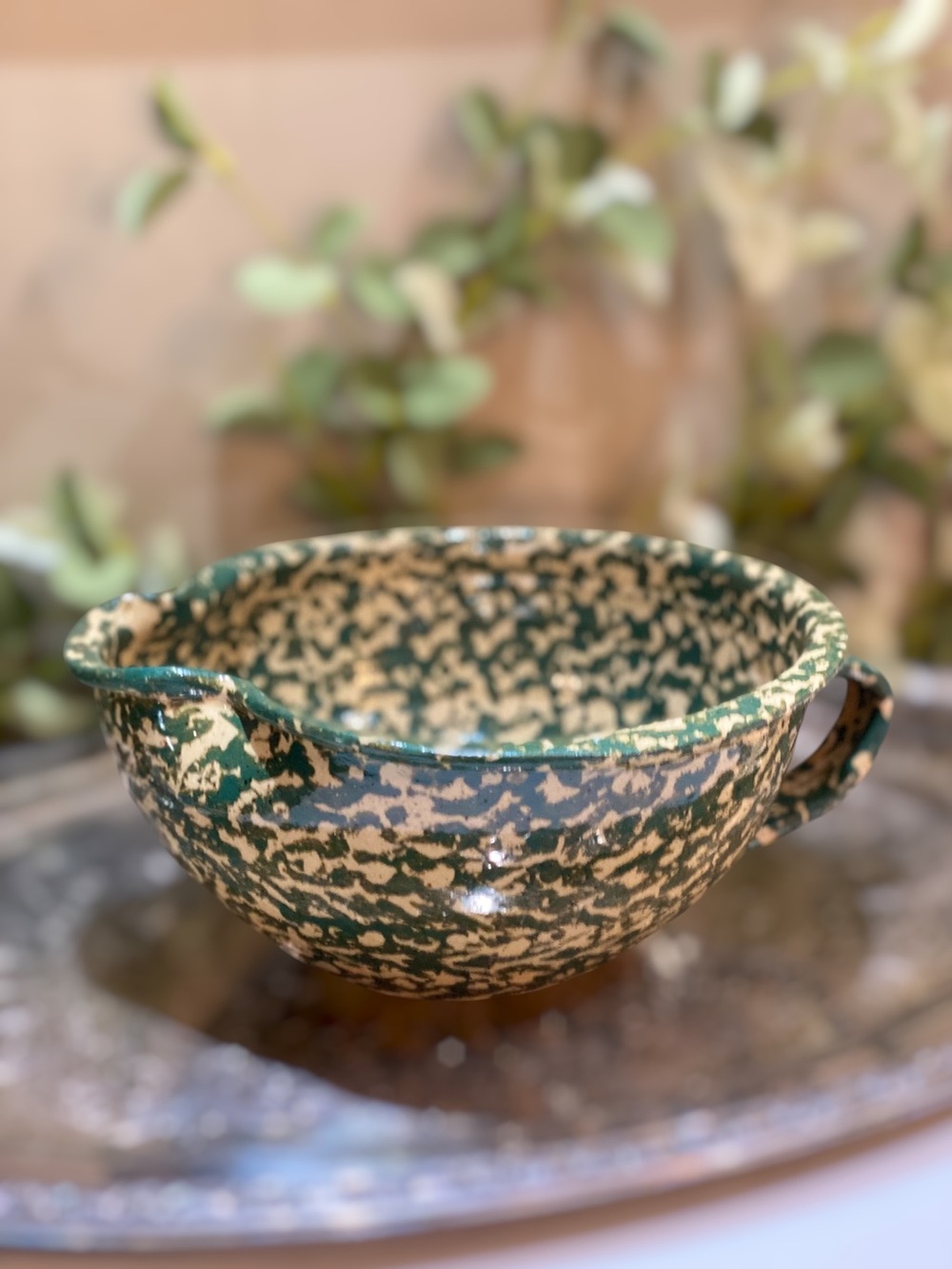 Vintage Three Rivers Pottery Green SpongeWare Splatter Batter Mixing Bowl Handle